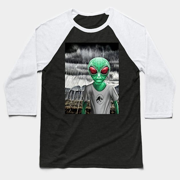 Funny Alien Archeology Dinosaur Hunter Baseball T-Shirt by PlanetMonkey